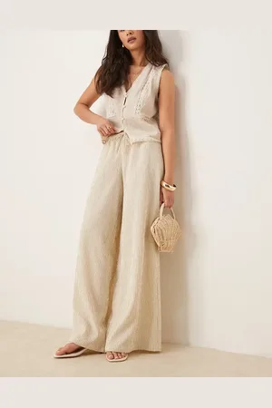 Stradivarius Linen look wide leg pants in beige stripe