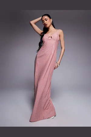 Kaiia Exclusive structured keyhole cutout detail halterneck maxi dress in red and white seersucker stripe