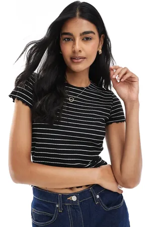 ONLY Lettuce edge short sleeve top in & white stripes