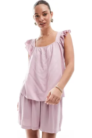 Pieces® Linen touch flutter sleeve cami top in dawn - part of a set