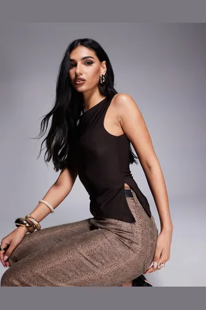 Kaiia Exclusive slinky sleeveless asymmetric side slit top in chocolate