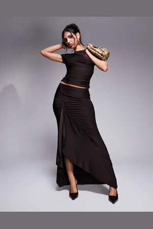 Kaiia Exclusive slinky drape detail maxi skirt in chocolate - part of a set