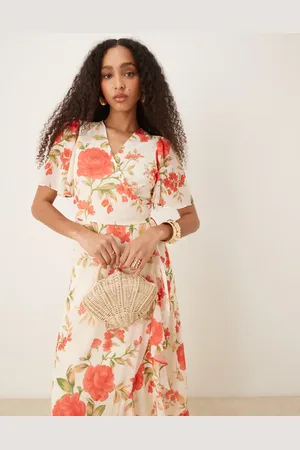Y.A.S Wrap front fluted sleeve chiffon maxi dress in cream rose print