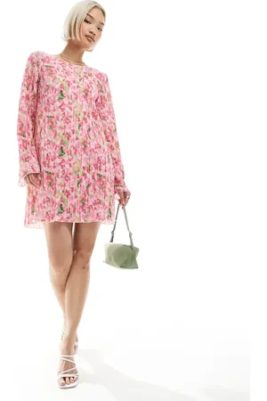 Pieces® Plisse long sleeve mini dress in floral print