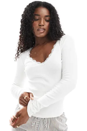 Cotton On Cotton On lace trim long sleeve waffle sleep top in off