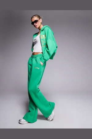 Kaiia Embroidered logo wide leg sweatpants in green and yellow - part of a set