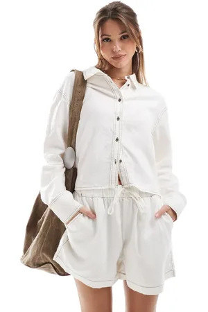 ONLY Linen blend cropped shirt with contrast stitch in - part of a set