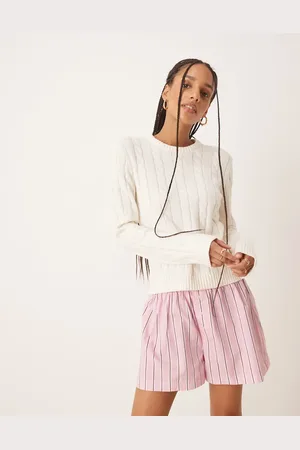 Gina Tricot Cotton blend knit sweater with crew neck in cream