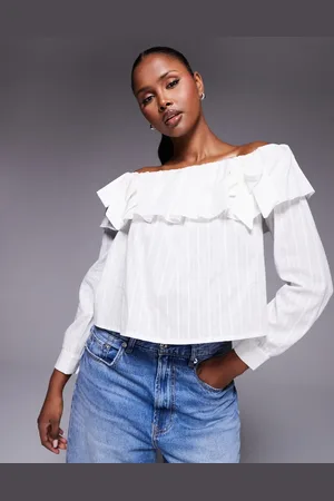 Kaiia Exclusive off the shoulder ruffle foldover bow detail long sleeve top in textured stripe