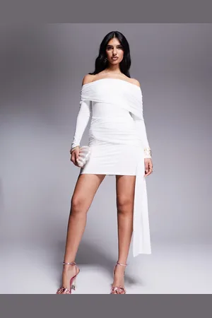 Kaiia Exclusive slinky off the shoulder foldover waist drape detail mini dress in