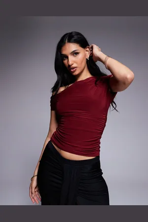 Kaiia Exclusive slinky drape off the shoulder top in burgundy