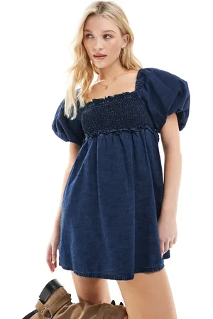 ASOS Soft denim puff sleeve mini dress with shirred body in rinse wash