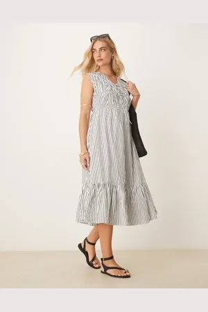 Y.A.S Sleeveless plunge poplin maxi dress in black and white stripe