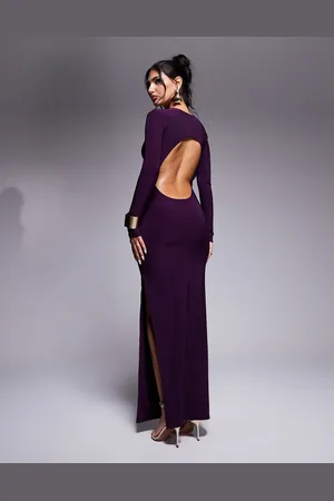 Kaiia Exclusive slinky long sleeve open back side slit maxi dress in