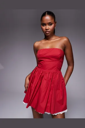 Kaiia Exclusive poplin bandeau contrast lace hem mini skater dress in red and white