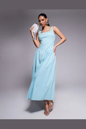Kaiia Exclusive square neck ruched lace trim hip pleat details maxi dress in baby