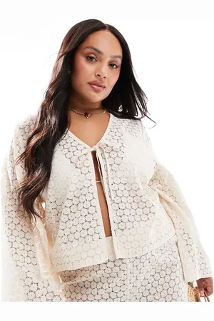Esmée Exclusive crochet long sleeve tie front beach shirt in cream - part of a set