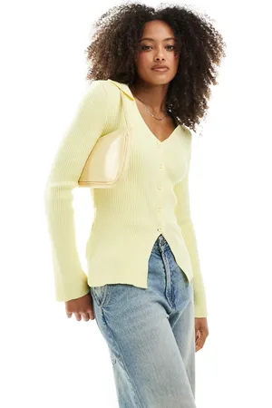 ASOS Ribbed v neck collared cardigan in buttermilk