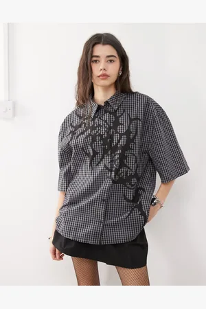 Minga London graphic print shirt in gray and black plaid