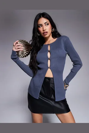 Kaiia Exclusive button up split front longline cardigan in charcoal