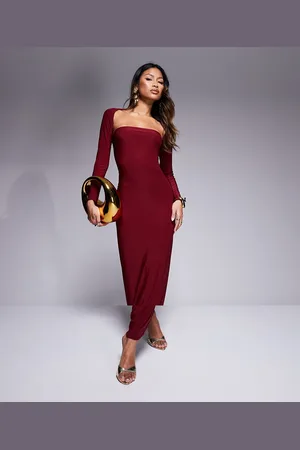 Kaiia Exclusive slinky bandeau maxi dress with long sleeve shrug in burgundy
