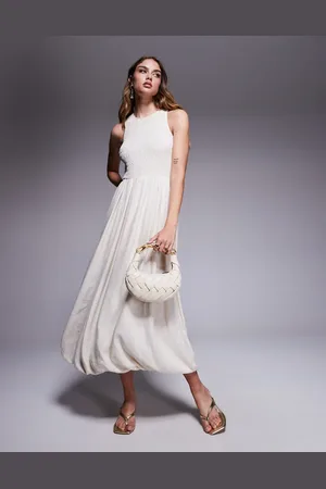 River Island Bubble hem linen mix midi dress in cream