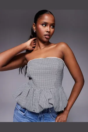 Kaiia Exclusive lace trim bubble bandeau top in black gingham
