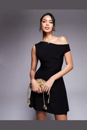 Kaiia Exclusive slinky off the shoulder drape detail fitted waist mini skater dress in