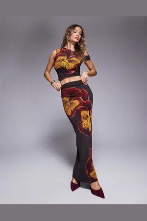Kaiia Exclusive x Sasha Corte mesh floral maxi skirt in chocolate - part of a set