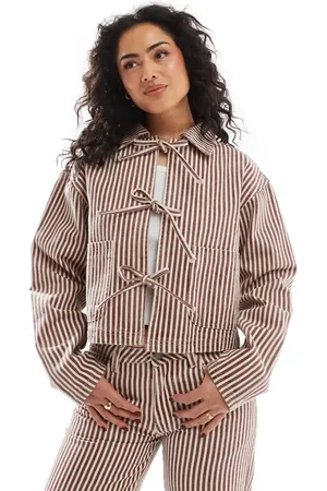 Daisy Street Bow tie front denim jacket in and ecru stripe - part of a set