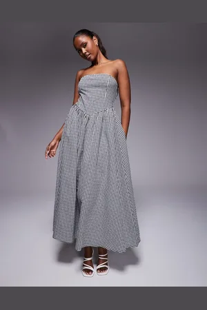 Kaiia Exclusive structured bandeau v waist maxi dress in black gingham