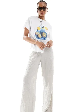 ONLY Seersucker wide leg pants in stone