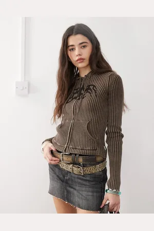 Minga London washed print rib knit zip up hooded cardigan in