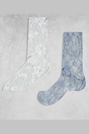 Reclaimed Mesh floral ankle sock 2 pack in white and blue