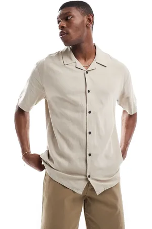 Threadbare Linen rich short sleeve camp collar shirt in stone