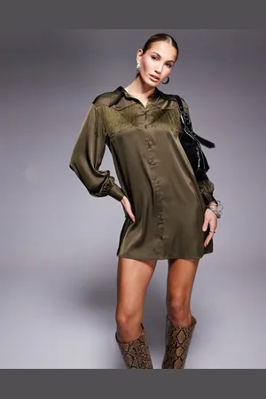 Jaded Rose Fringe mini shirt dress in olive