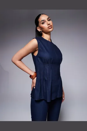 River Island Pintuck denim top in darkwash blue