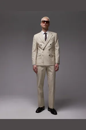 Topman Straight linen blend suit pants in stone