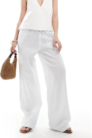 Monki Wide leg drawstring seersucker pants in and white stripe