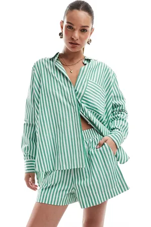 French Connection Stripe popover button shirt in green and white - part of a set