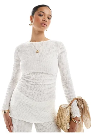 Pull&Bear Textured long sleeve asymmetric top in ecru - part of a set