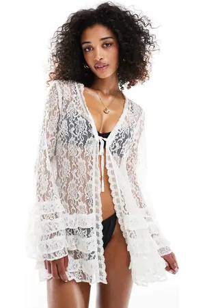 Miss Selfridge Beach lace ruffle tie front coverup in