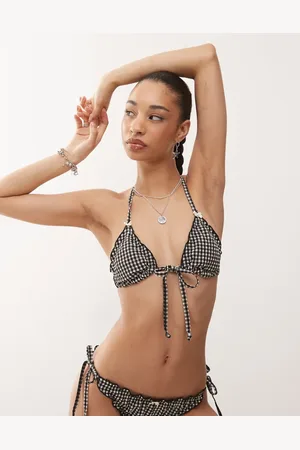 Reclaimed Tie front triangle bikini top with frills in black and white gingham seersucker