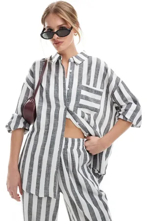 4th & Reckless Linen blend oversized beach shirt in gray & white stripe - part of a set