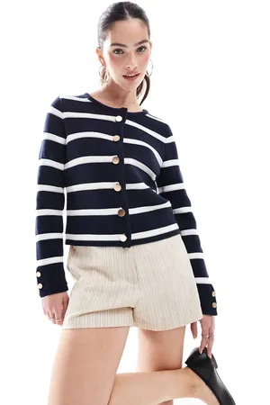 French Connection Heavyweight button up cardigan in navy and white stripe