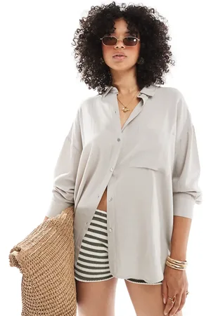 Pull&Bear Oversized linen mix shirt in beige