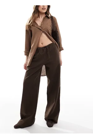 Monki Wide leg drawstring seersucker pants in
