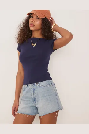 Gina Tricot Short sleeve boatneck slim fit ribbed top in dark blue