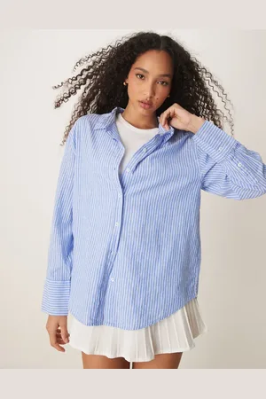 Gina Tricot Linen blend oversized shirt in blue and white stripes