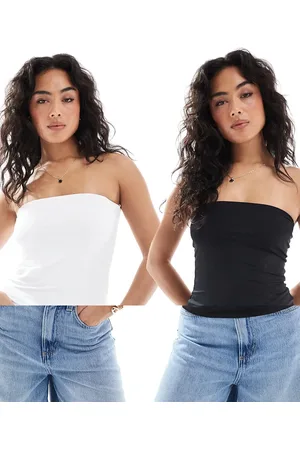 Pull&Bear 2 pack polyamide second skin bandeau top in black & white